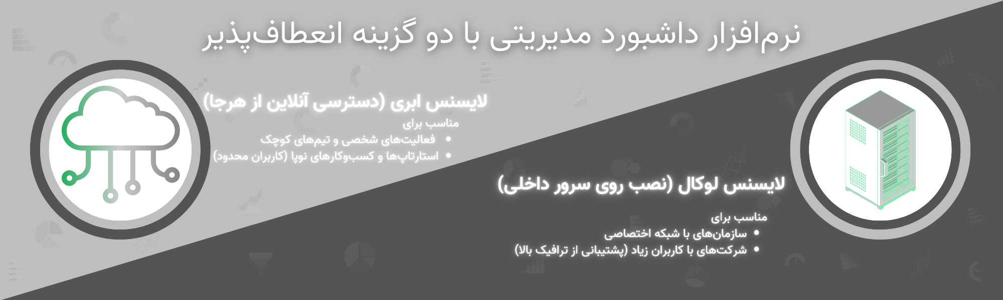 نرم افزار داشبورد مدیریتی 2 بنر نرم افزار مدیریتی با دو گزینه انعطاف پذیر-نرم افزار داشبورد مدیریتی لوکال و نرم افزار داشبورد مدیریتی ابری